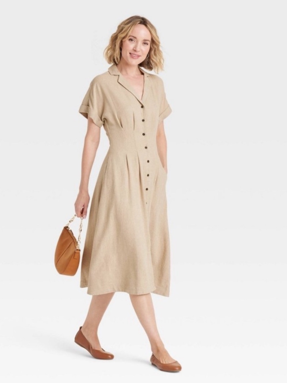 Universal Thread Beige Button-Front Midi Shirt Dress